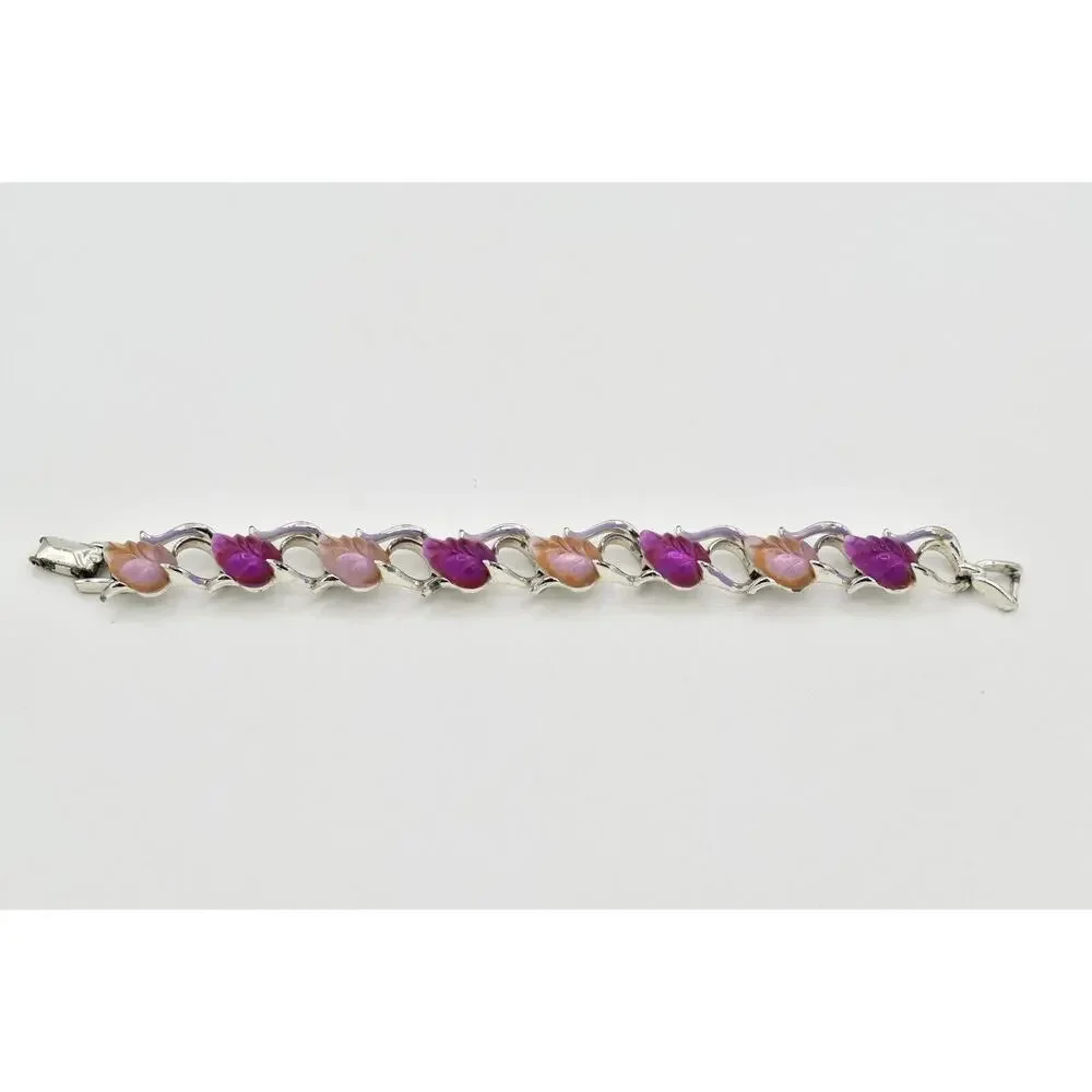 Star Vintage Choker Bracelet Purple Lucite Leaf Silver Chunky Signed 1940s BinAW